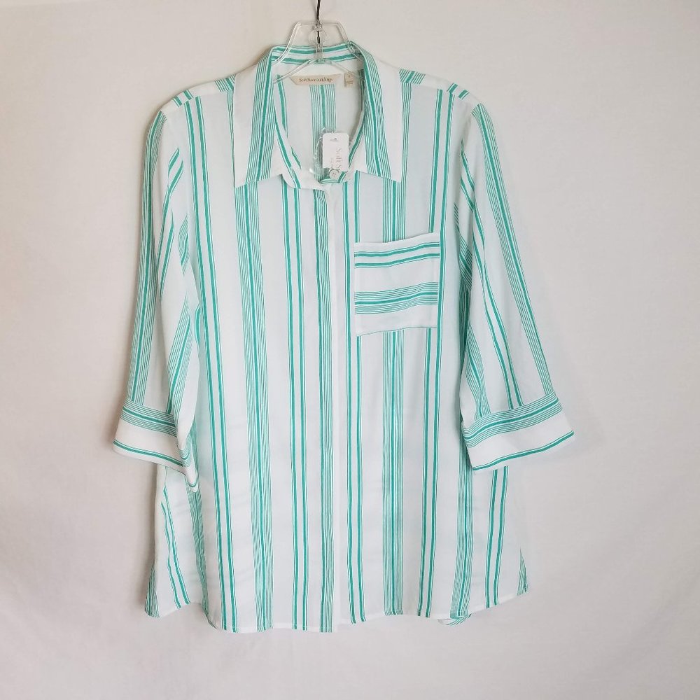 NEW Soft Surroundings‎ Green Striped Button Front Tunic Blouse Women's Small NWT